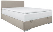 Boxbett 140 in seitlicher Perspektive mit beigem Stoffbezug und weißer Matratze.