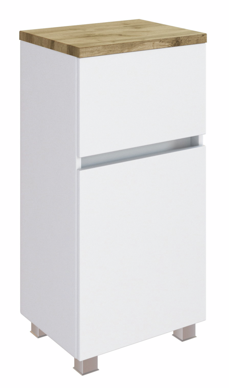 Moderner Unterschrank mit weißem Korpus und Holzoberfläche, perspektivisch von vorne links betrachtet.