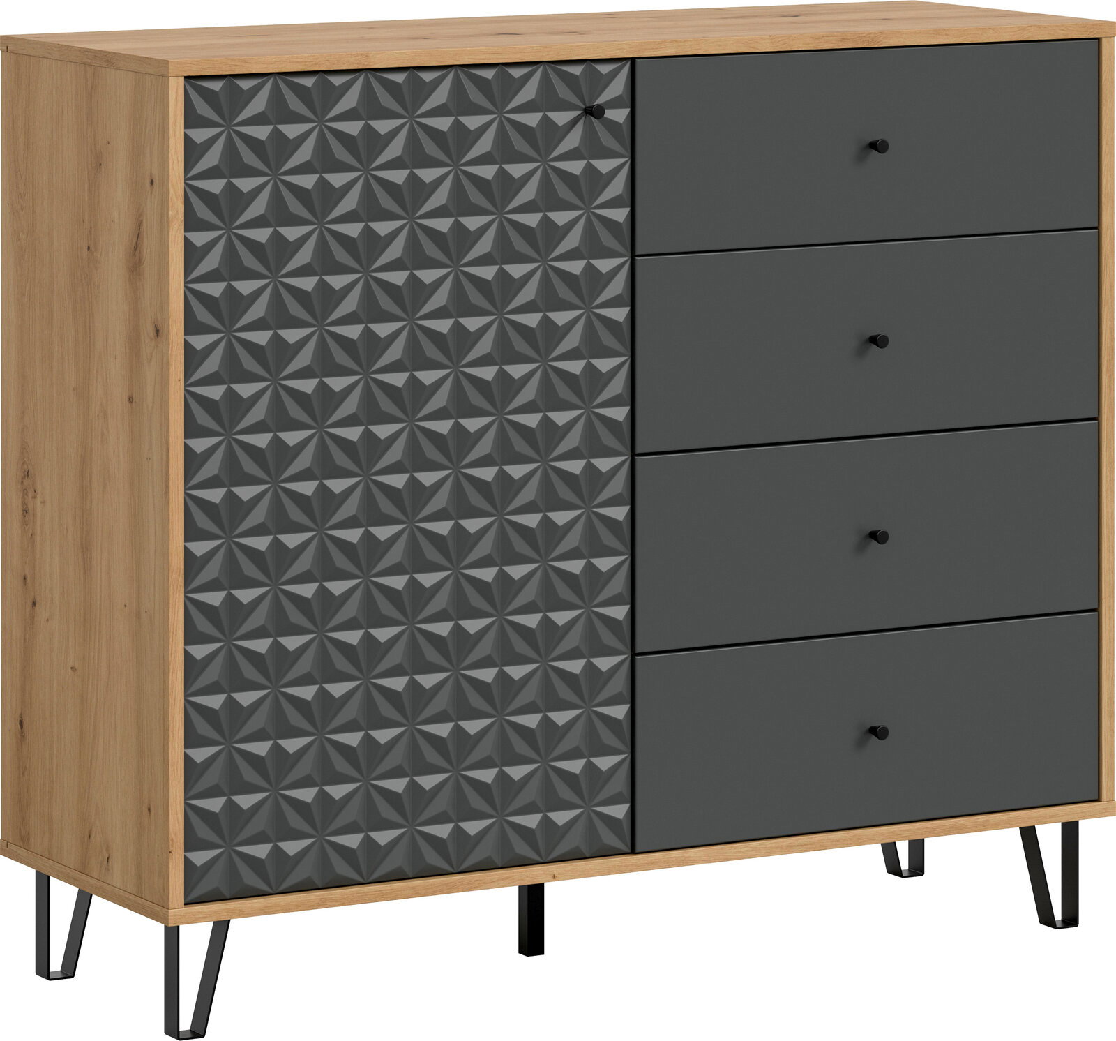 Moderne Kommode in Holzoptik mit grauer, geometrisch strukturierter Tür links und vier grauen Schubladen rechts auf schwarzen Metallfüßen, schräg von vorne links fotografiert