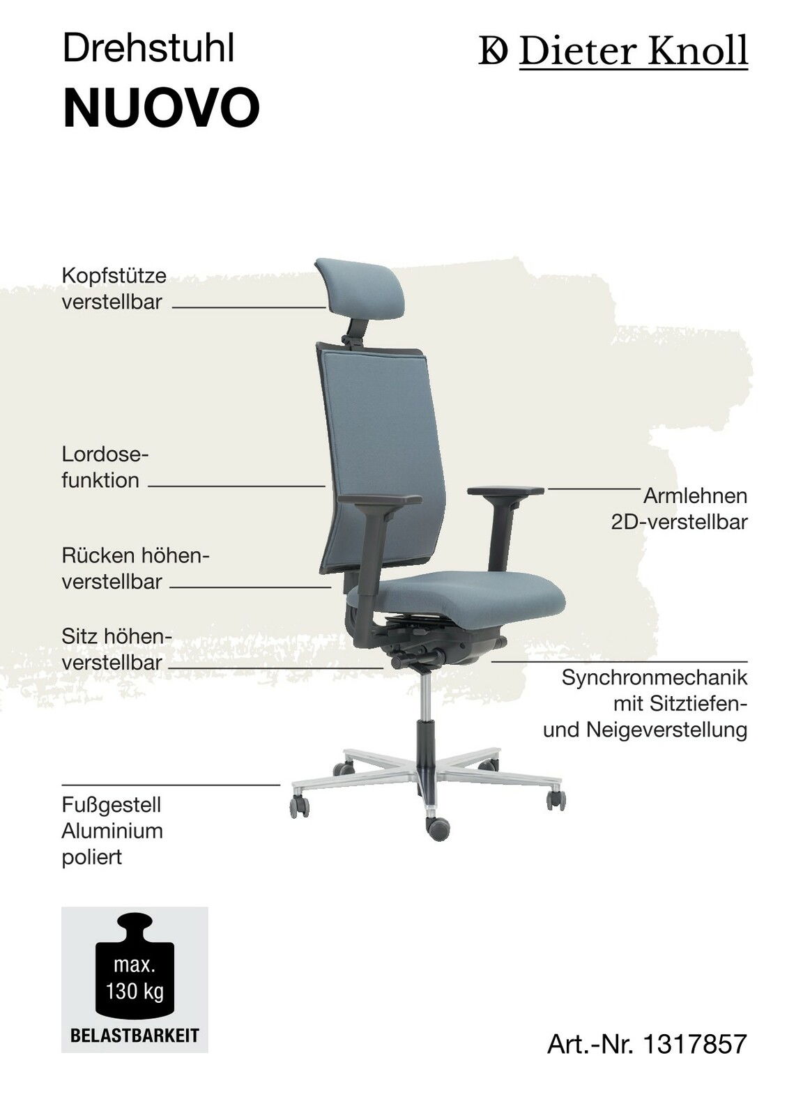 Seitenansicht eines verstellbaren Drehstuhls mit Kopfstütze, Lordosenstütze, höhenverstellbarem Rücken und Sitz, 2D-verstellbaren Armlehnen, Synchronmechanik und poliertem Aluminiumfußgestell.