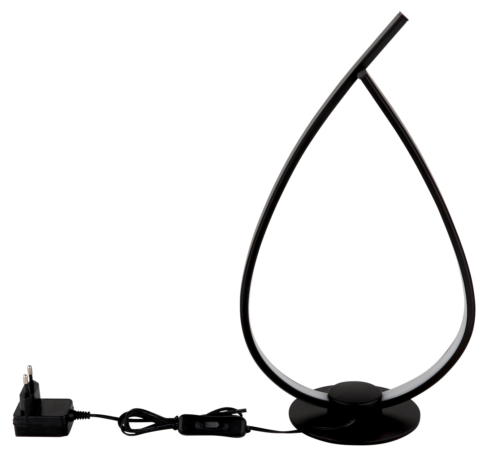 Moderne schwarze LED-Tischlampe in tropfenförmigem Design mit rundem Standfuß und Netzteil, Seitenansicht vor weißem Hintergrund