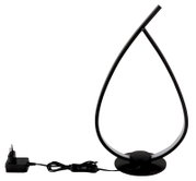 Moderne schwarze LED-Tischlampe in tropfenförmigem Design mit rundem Standfuß und Netzteil, Seitenansicht vor weißem Hintergrund