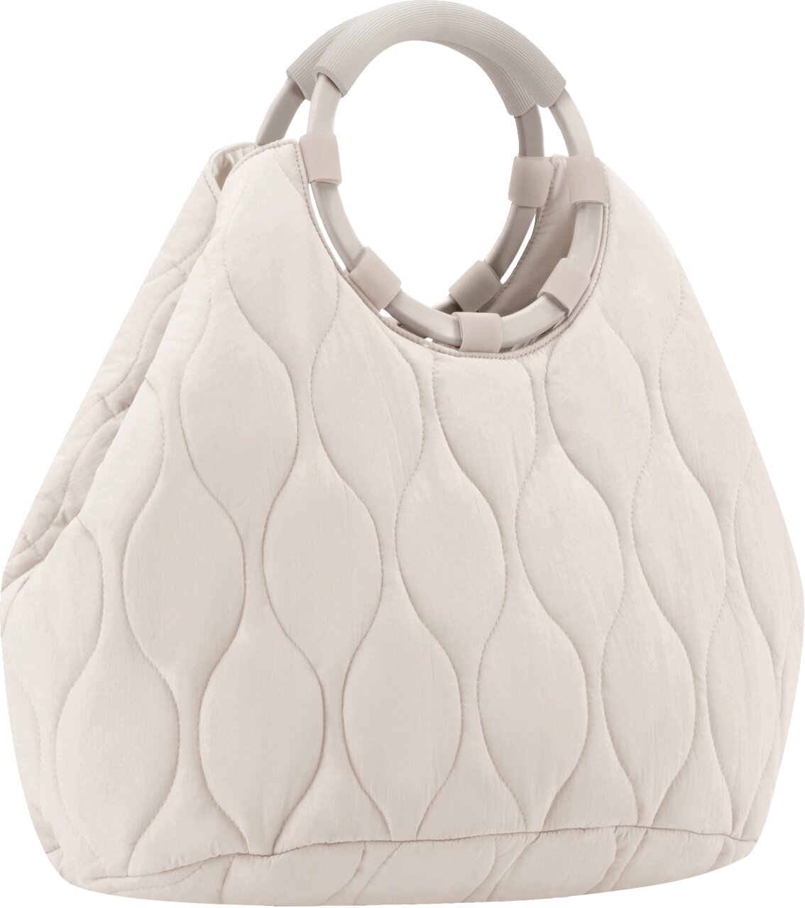 Gesteppte Handtasche in Creme/Offwhite mit ovalem Quilt-Muster und rundem Ringgriff, freigestellt vor weißem Hintergrund, Frontansicht leicht von oben