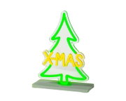 Leuchtende Weihnachtsdekoration in Tannenbaumform mit grüner Kontur, gelbem X-MAS-Schriftzug und weißem Standfuß, frontal leicht von oben betrachtet