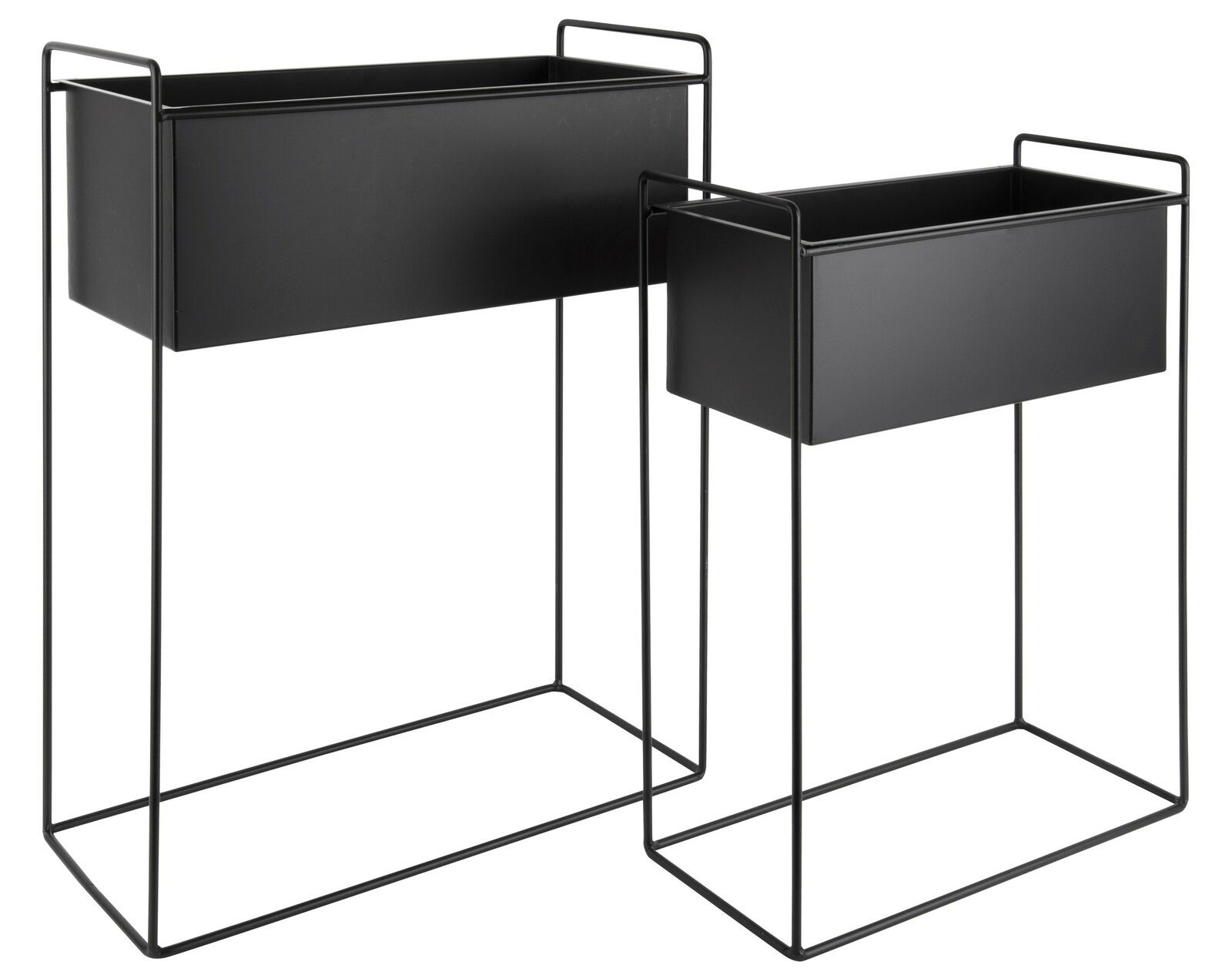 Zwei schwarze Pflanzgefäße in modernem Design, auf Metallgestellen stehend, aus seitlicher Perspektive fotografiert.