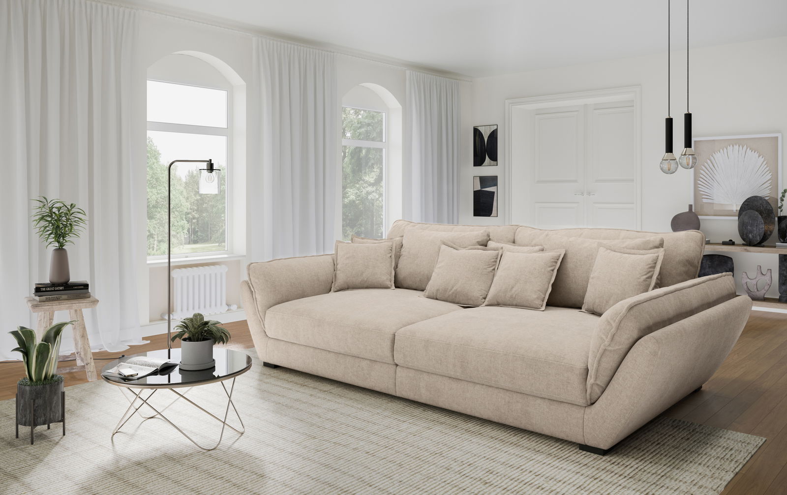 Beiges Big-Sofa in einem modernen Wohnzimmer, seitliche Perspektive, mit Kissen und stilvoller Dekoration.