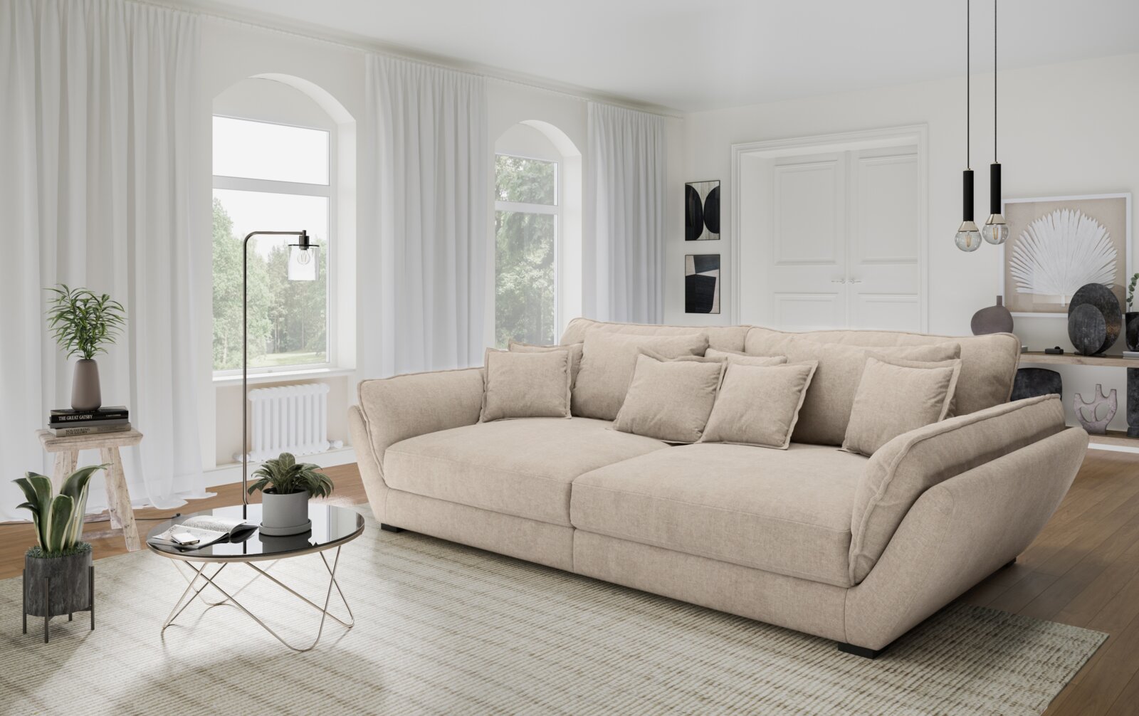 Lounge Handmade Big Sofa PEACE Beiges Big-Sofa in einem modernen Wohnzimmer, seitliche Perspektive, mit Kissen und stilvoller Dekoration.