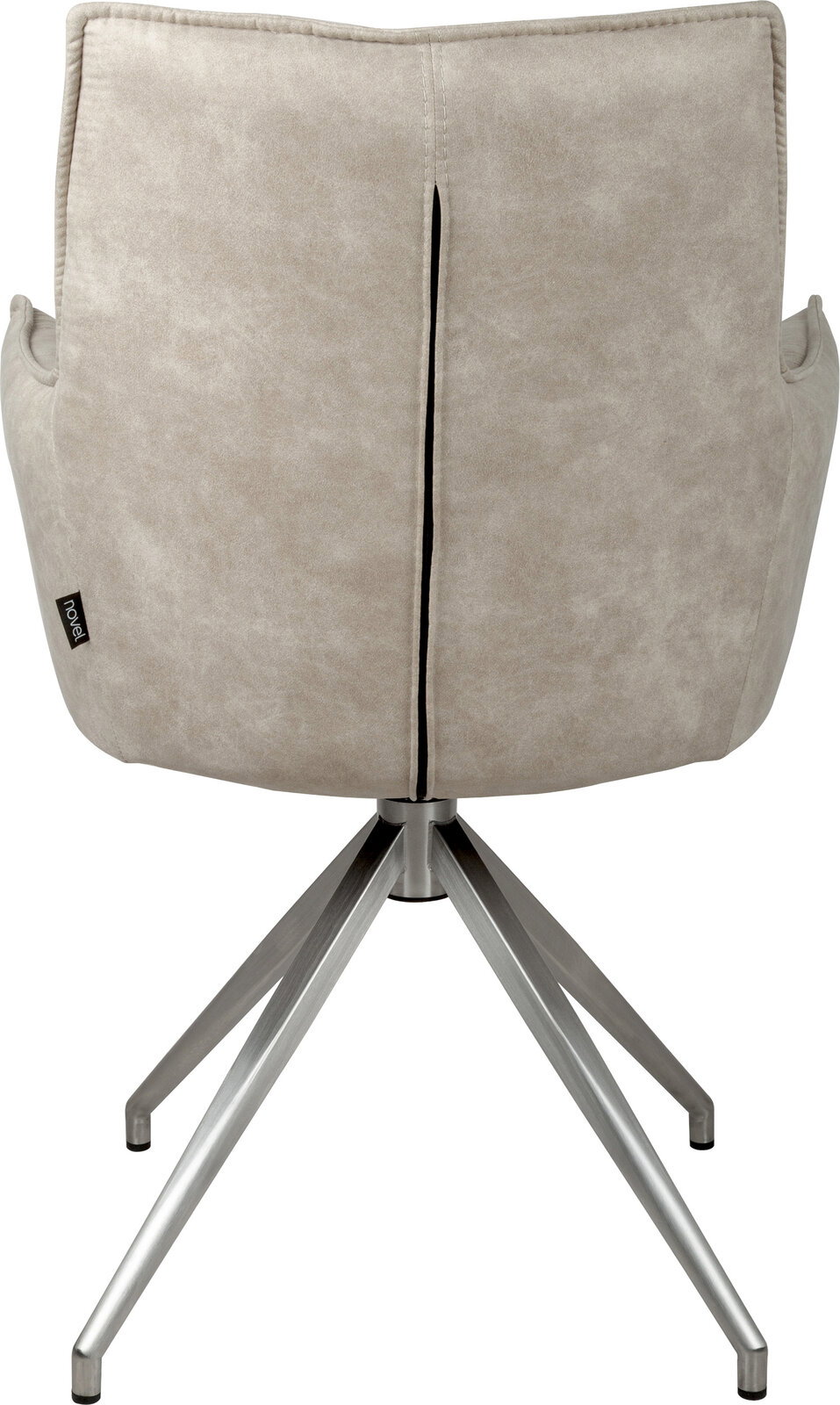 Rückansicht eines hellgrauen, gepolsterten Drehstuhls mit Armlehnen und Metall-Fußkreuz, mittiger Naht/Schlitz an der Rückenlehne