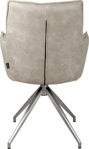 Rückansicht eines hellgrauen, gepolsterten Drehstuhls mit Armlehnen und Metall-Fußkreuz, mittiger Naht/Schlitz an der Rückenlehne