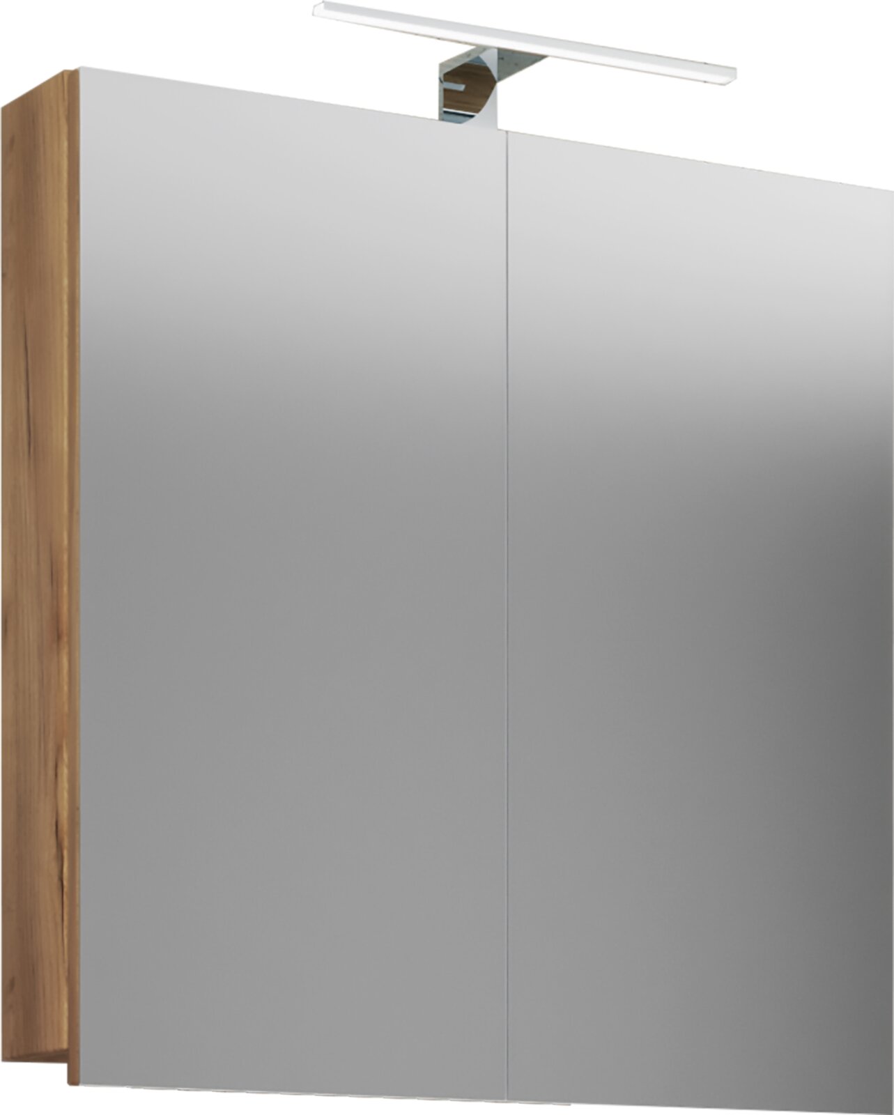VCM LED-Spiegelschrank BADINOS Moderner Spiegelschrank mit zwei grauen Spiegeltüren, Holzseiten und integrierter LED-Aufsatzleuchte, frontale Ansicht leicht von oben
