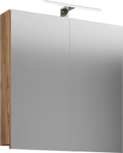 Moderner Spiegelschrank mit zwei grauen Spiegeltüren, Holzseiten und integrierter LED-Aufsatzleuchte, frontale Ansicht leicht von oben