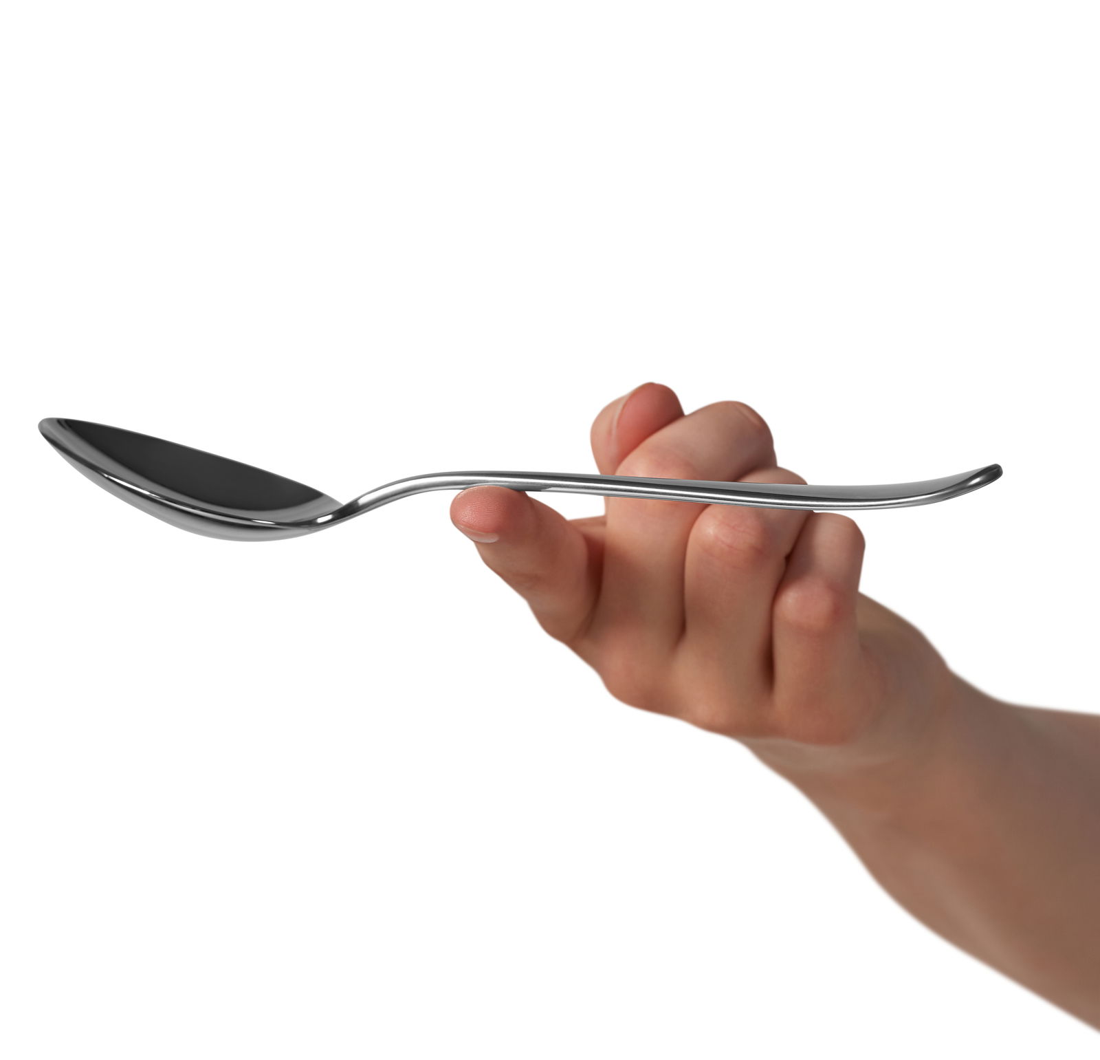 Eleganter Löffel aus Edelstahl, seitlich gehalten in einer Hand, zeigt die geschwungene Form und glänzende Oberfläche.