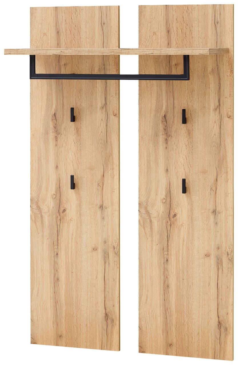 Garderobenpaneel aus Holz in natürlicher Optik mit schwarzem Metallgestell, frontal abgebildet.
