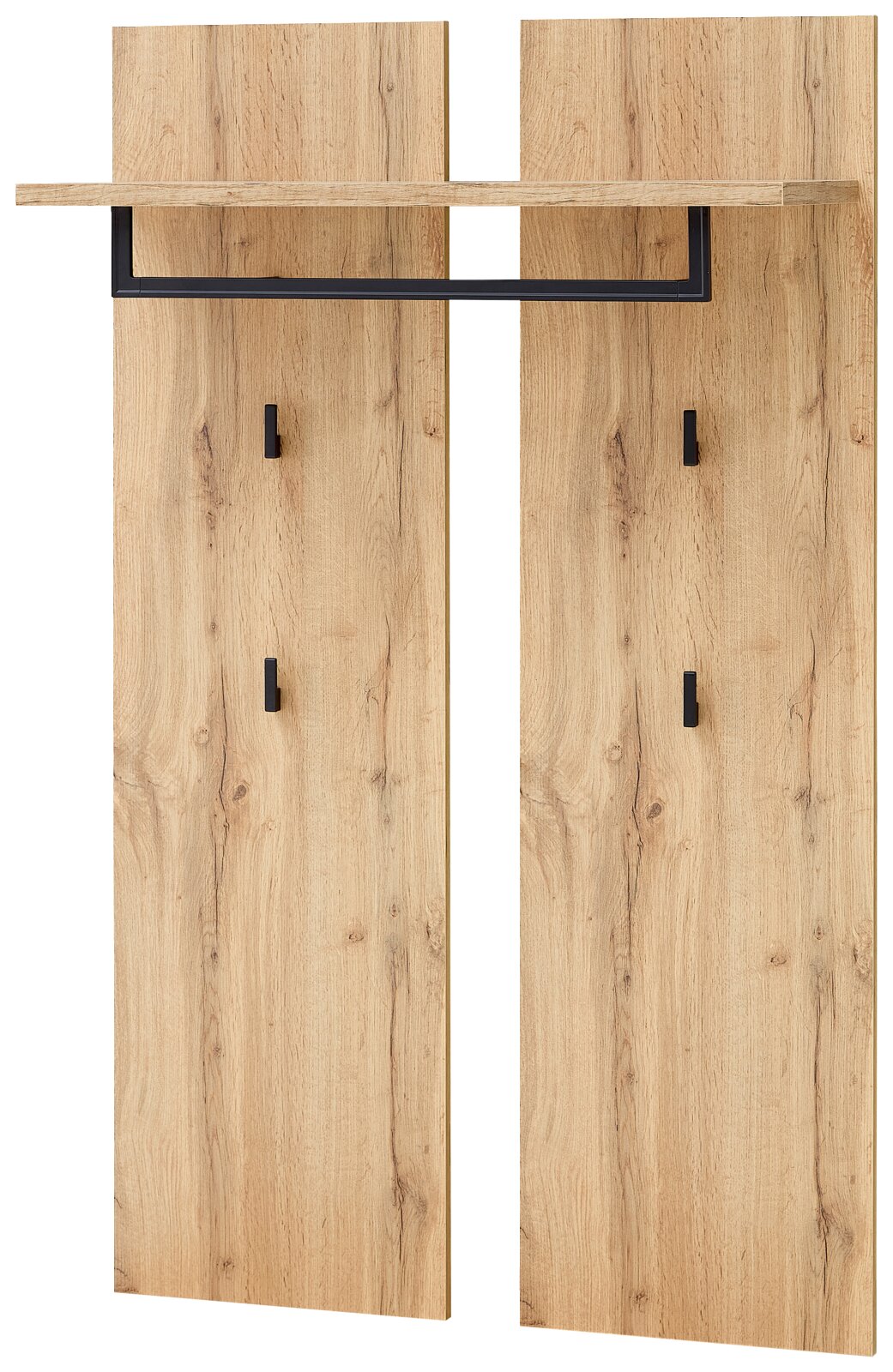 XORA Garderobepaneel SPARKS Garderobenpaneel aus Holz in natürlicher Optik mit schwarzem Metallgestell, frontal abgebildet.