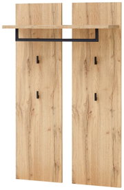 Garderobenpaneel aus Holz in natürlicher Optik mit schwarzem Metallgestell, frontal abgebildet.