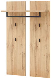 Garderobenpaneel aus Holz in natürlicher Optik mit schwarzem Metallgestell, frontal abgebildet.