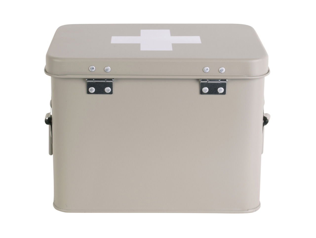 Beige Aufbewahrungsbox mit weißem Kreuz auf dem Deckel, frontal fotografiert.