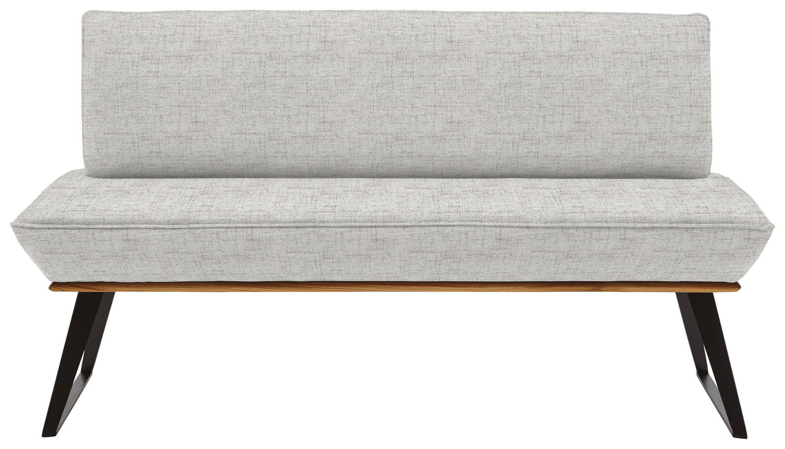 Frontale Ansicht einer modernen Bank mit grauem Stoffbezug und schwarzen Metallbeinen.