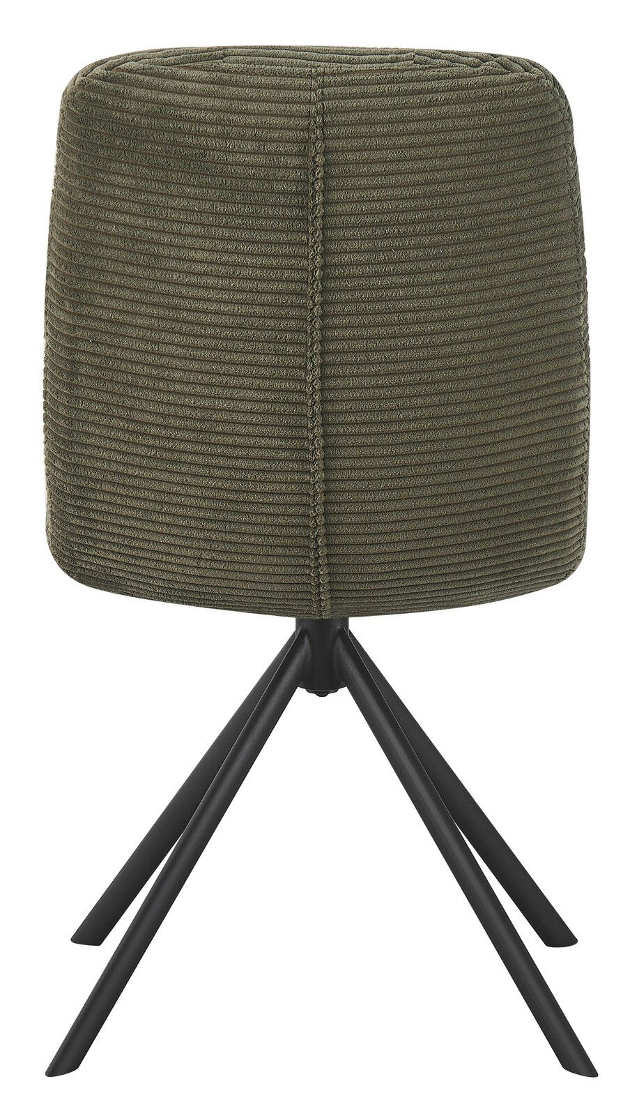Rückansicht eines modernen Stuhls mit olivgrünem, geripptem Stoffbezug und schwarzen Metallbeinen.