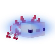 Blockige Axolotl-Figur im Pixel-Design in Weiß mit rosa Kiemen und dunklen Augen, freigestellt auf hellem Hintergrund, aus schräger Vorderseiten-Perspektive (3/4-Ansicht)