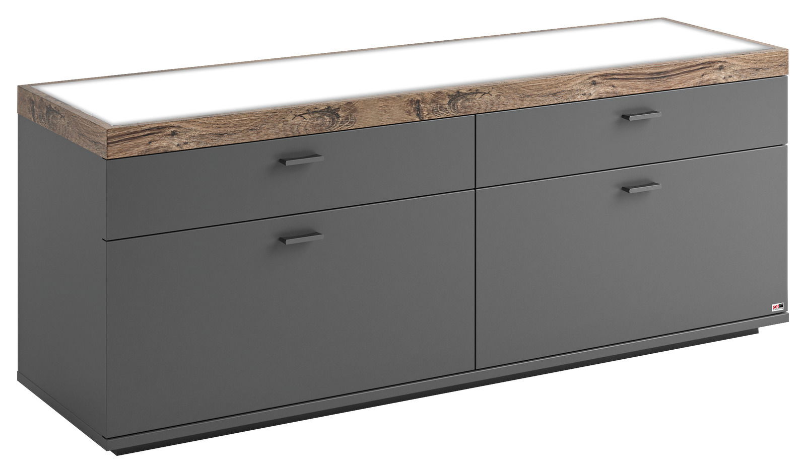 TV-Lowboard in grauer Farbe mit Holzoptik-Oberfläche, seitliche Perspektive