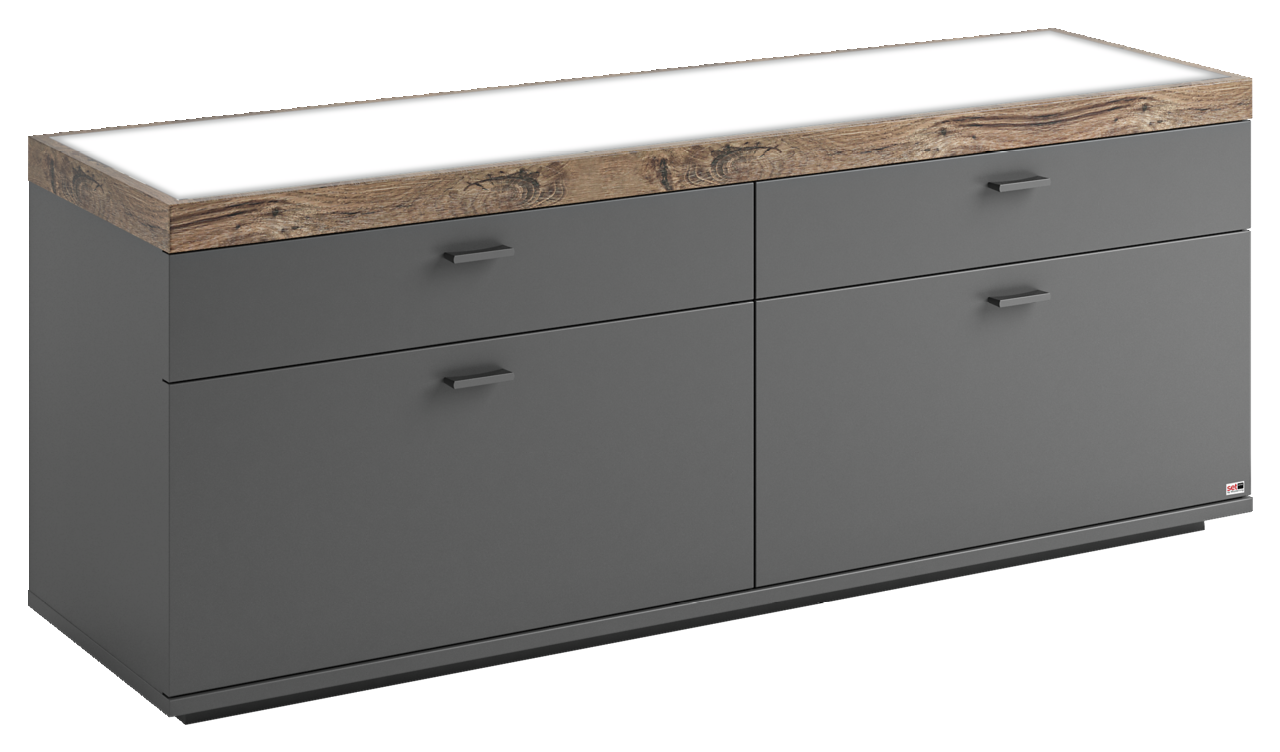 TV-Lowboard in grauer Farbe mit Holzoptik-Oberfläche, seitliche Perspektive