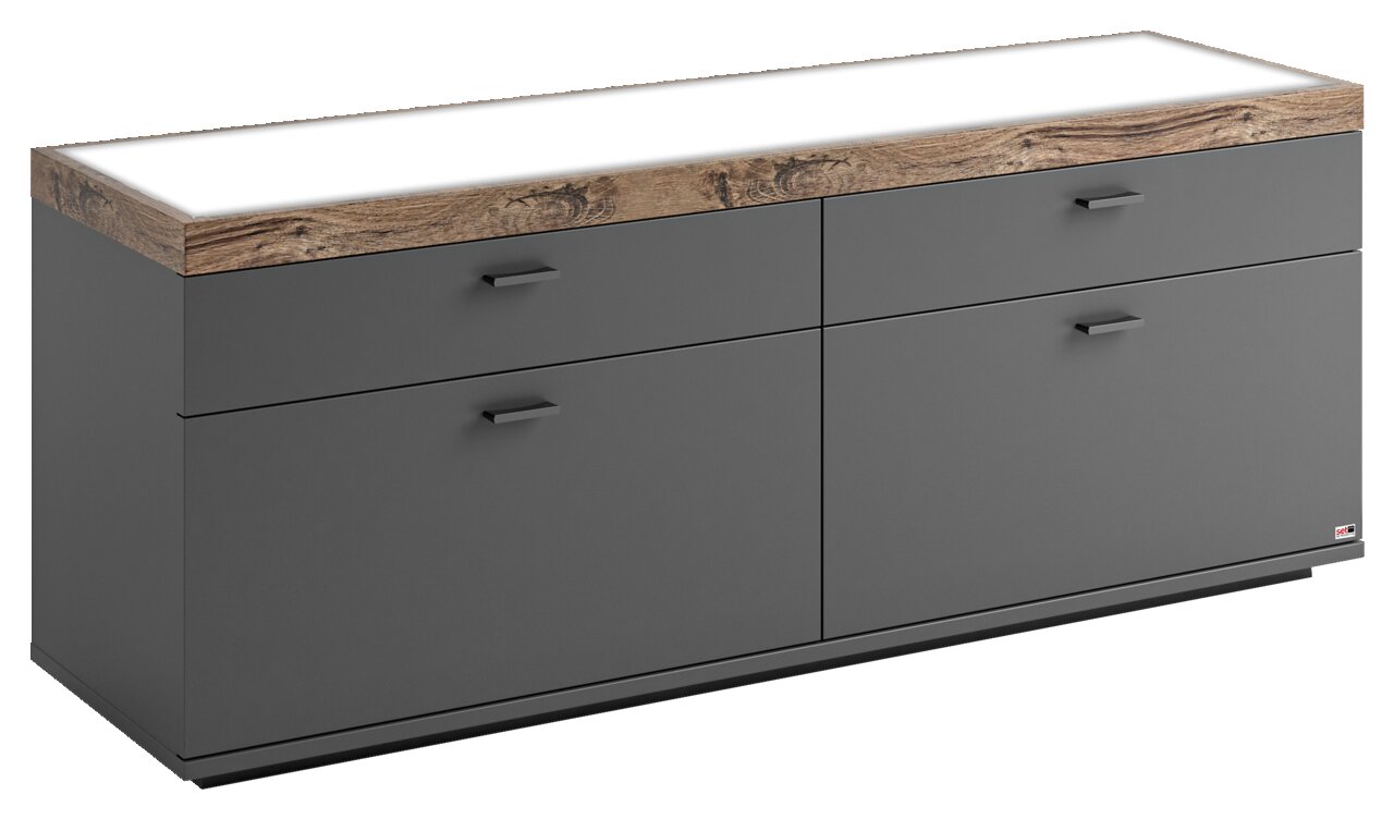 TV-Lowboard in grauer Farbe mit Holzoptik-Oberfläche, seitliche Perspektive