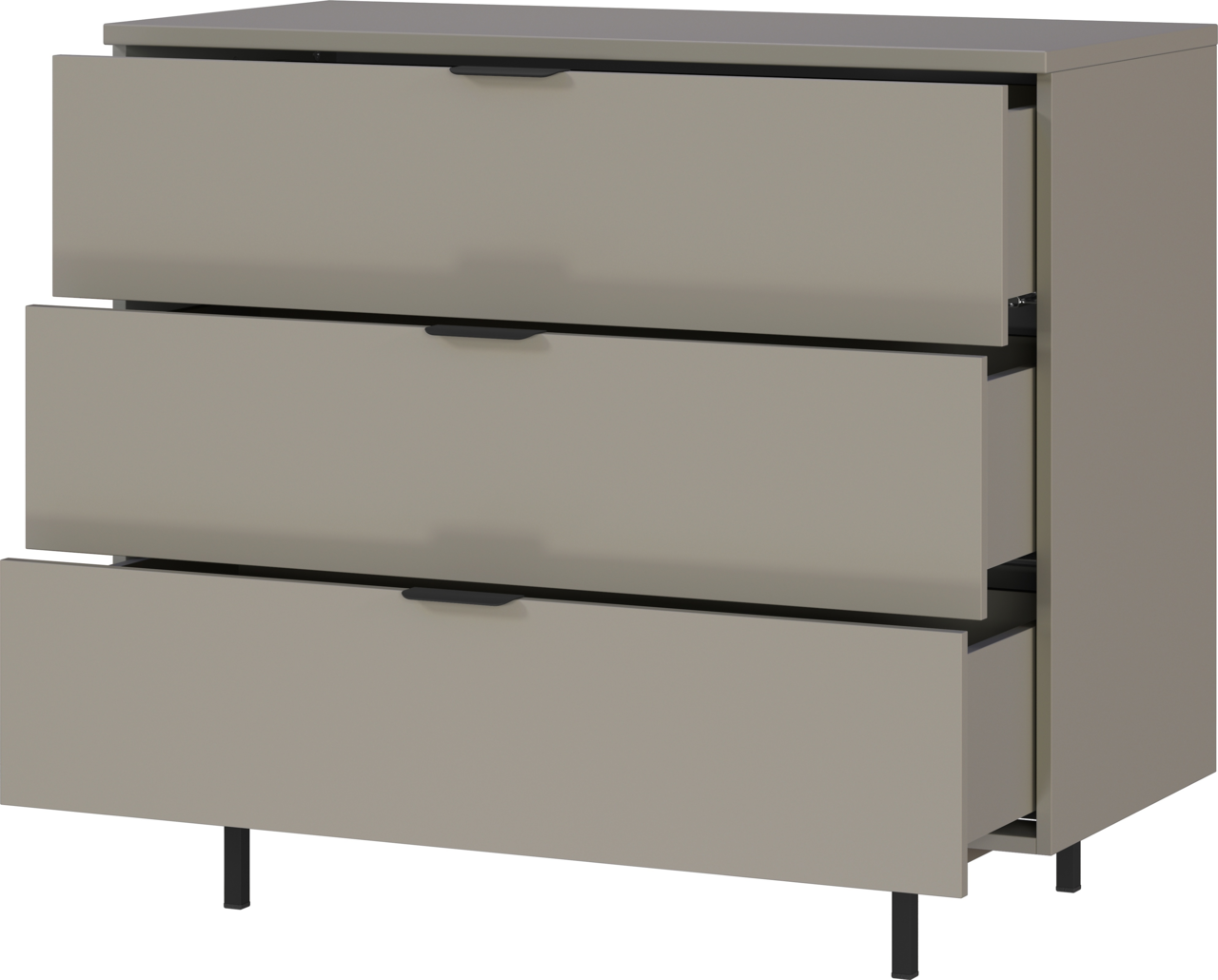 Kommode mit drei offenen Schubladen, seitliche Perspektive
