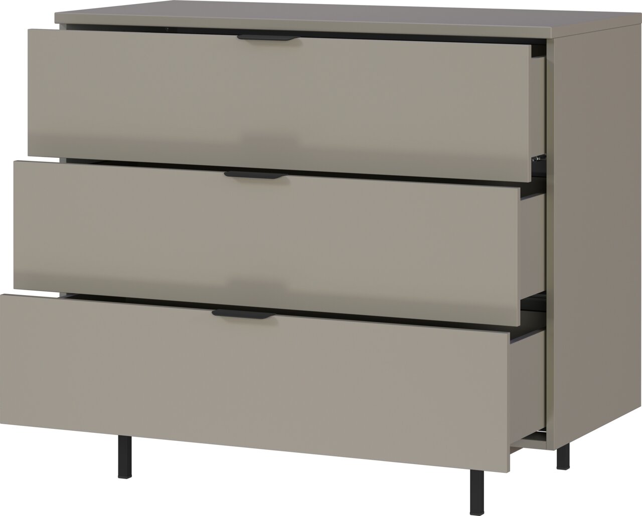 Kommode mit drei offenen Schubladen, seitliche Perspektive