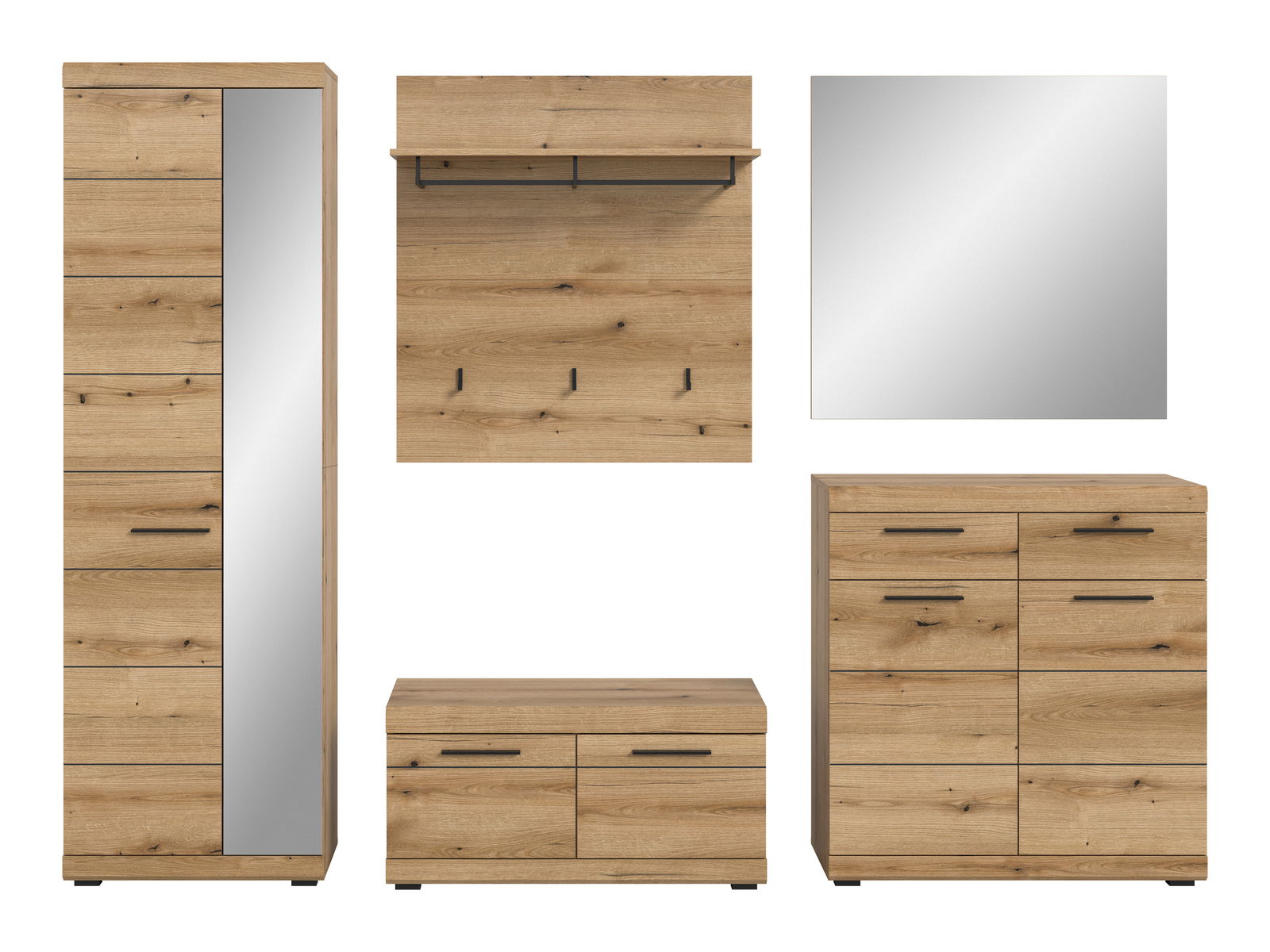 Garderoben-Set 5-teilig in Holzoptik, bestehend aus einem hohen Schrank mit Spiegel, einer Wandgarderobe mit Haken, einem quadratischen Spiegel, einer Kommode und einer Schuhbank. Frontalansicht.