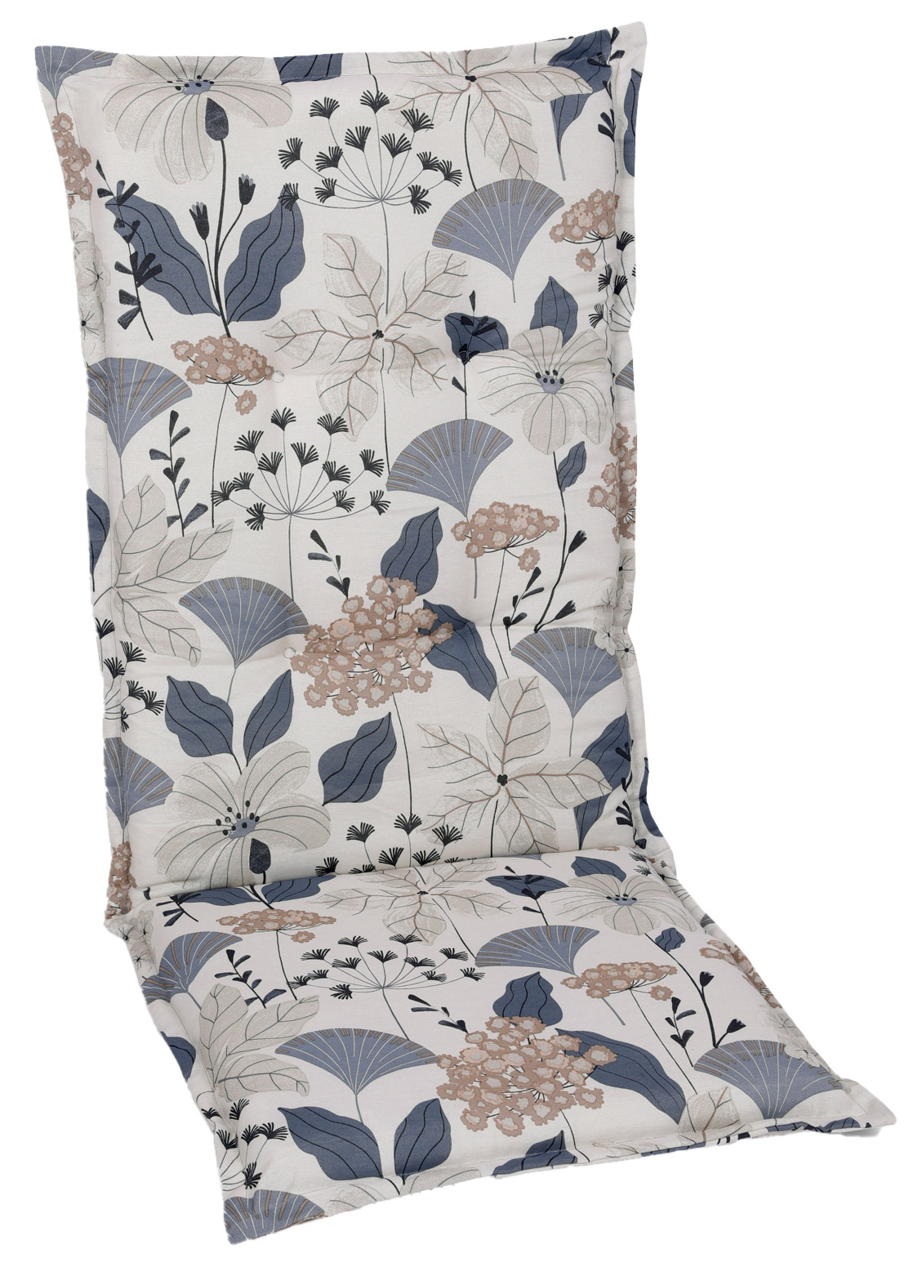 Hochlehnerauflage mit floralem Muster in Blau- und Beigetönen, Vorderansicht