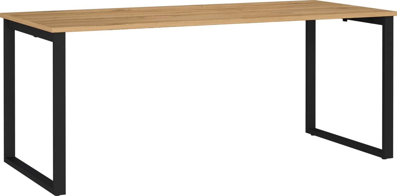 Moderne rechthoekige tafel/bureau met een lichtgekleurd houten blad en een zwart metalen onderstel in de vorm van sledepoten, vrijstaand tegen een witte achtergrond, perspectief: licht schuin van voren bovenaf