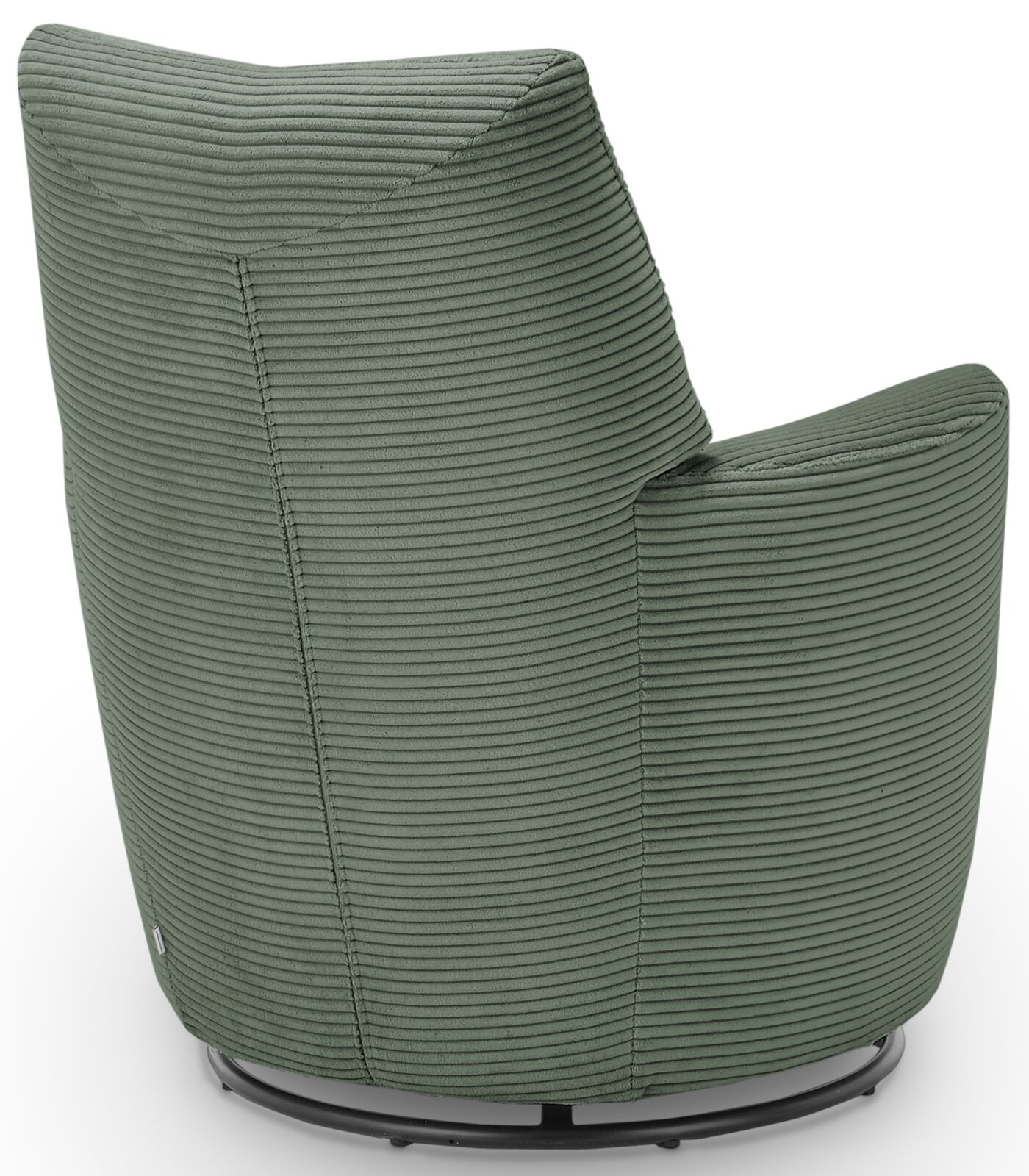 Achterkant van een groene fauteuil met geribbelde stoffen bekleding en een ronde metalen voet.