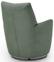 Achterkant van een groene fauteuil met geribbelde stoffen bekleding en een ronde metalen voet.