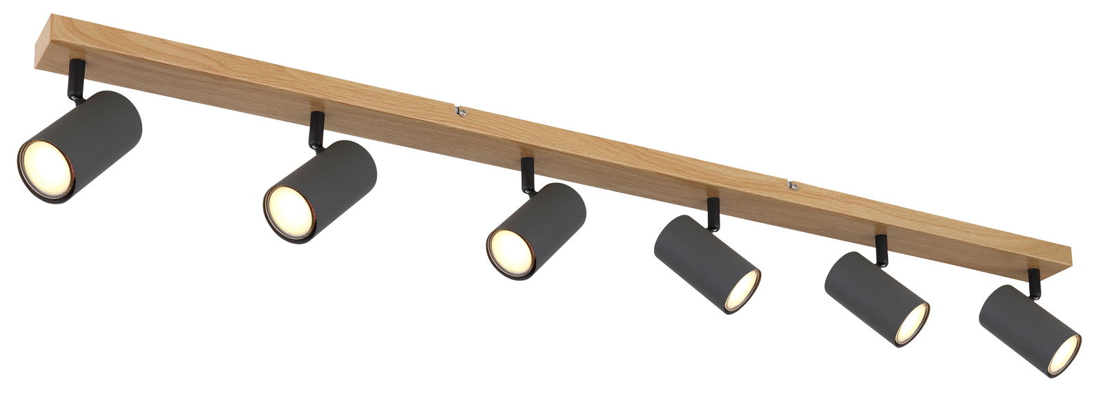 Sechsflammiger Deckenstrahler mit Holzleiste und schwarzen zylindrischen Lampenschirmen, seitliche Perspektive