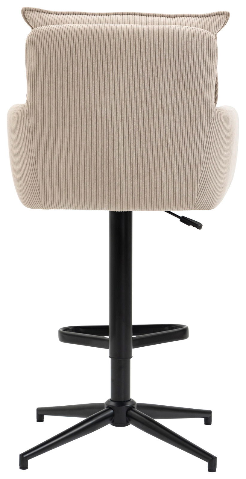 Rückansicht eines Barhockers mit gepolsterter Rückenlehne und schwarzem Metallgestell