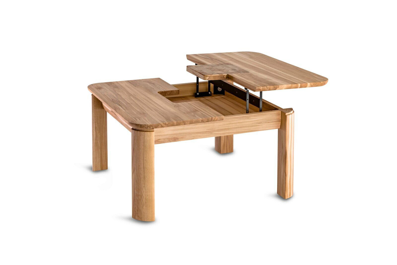 Moderner Couchtisch aus Holz mit verstellbarer Tischplatte, seitliche Perspektive