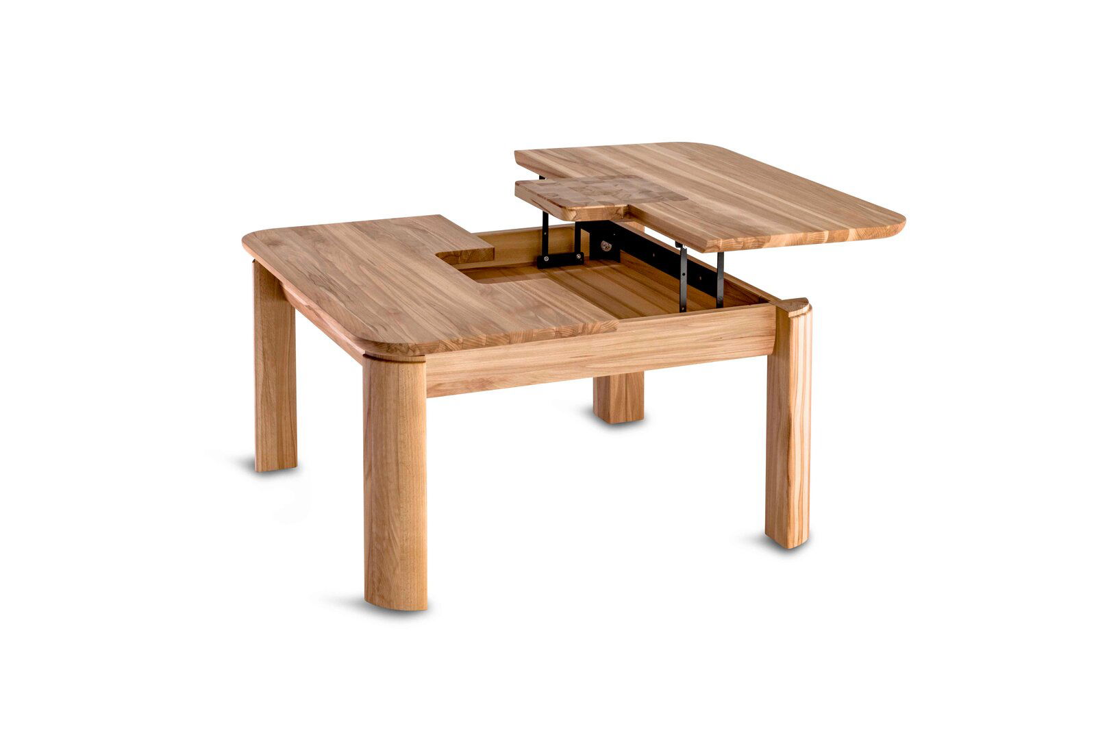 Moderner Couchtisch aus Holz mit verstellbarer Tischplatte, seitliche Perspektive