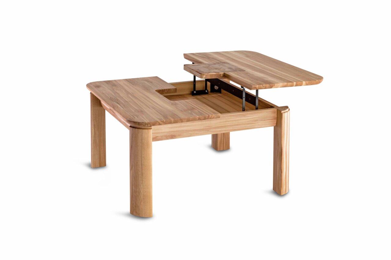 Moderner Couchtisch aus Holz mit verstellbarer Tischplatte, seitliche Perspektive