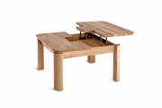 Moderner Couchtisch aus Holz mit verstellbarer Tischplatte, seitliche Perspektive