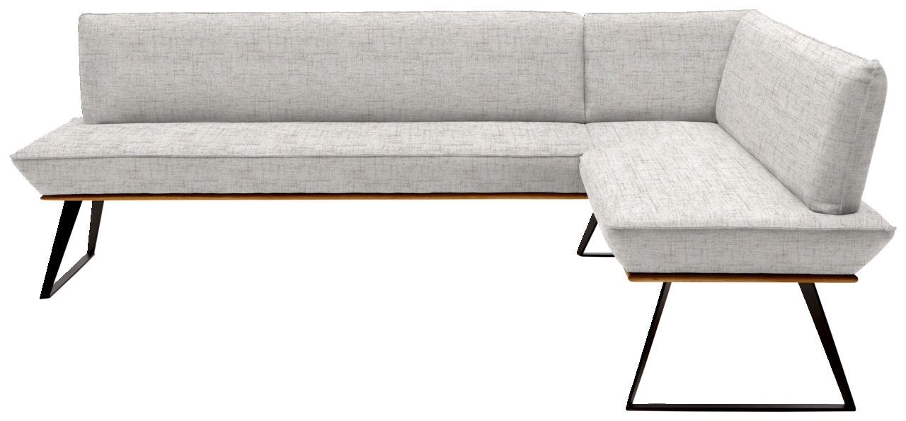 Eckbank in hellgrauem Stoff mit schwarzem Metallgestell, Perspektive von vorne links