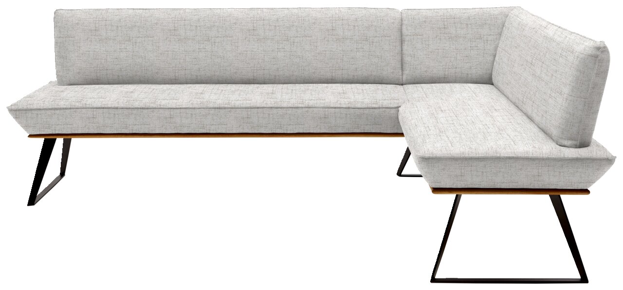 Eckbank in hellgrauem Stoff mit schwarzem Metallgestell, Perspektive von vorne links