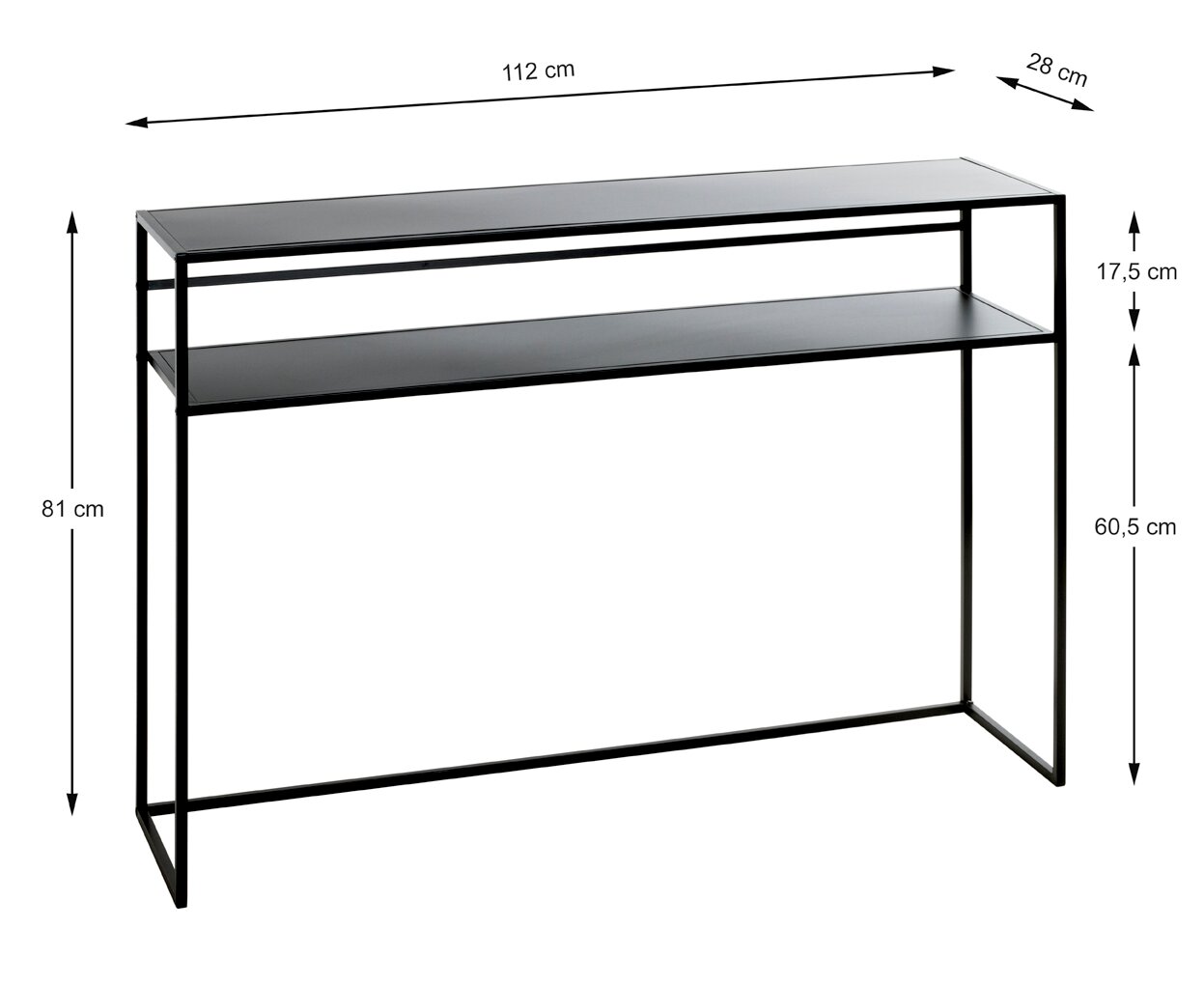 Schwarzer, minimalistischer Konsolentisch mit Metallgestell und zwei Ablagen (112 x 28 x 81 cm), schräg von vorne in leichter Seitenansicht auf weißem Hintergrund mit Maßangaben.