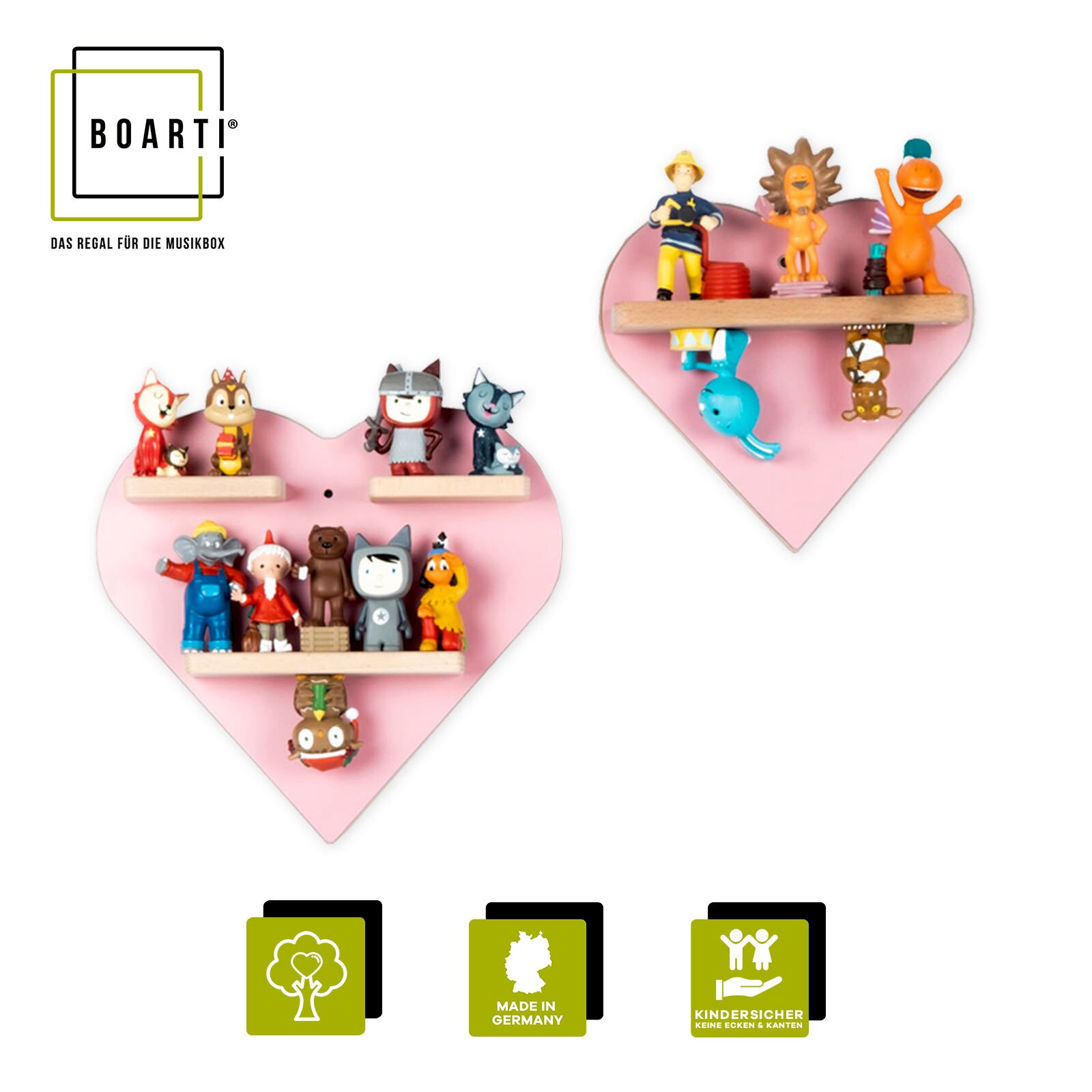 Zwei herzförmige, rosafarbene Wandregale von BOARTI mit Holzablagen für Toniebox-Figuren, frontal aus der Vorderansicht fotografiert, mit aufgestellten und teils kopfüber eingehängten Figuren; Made in Germany und kindersicher ohne Ecken und Kanten.