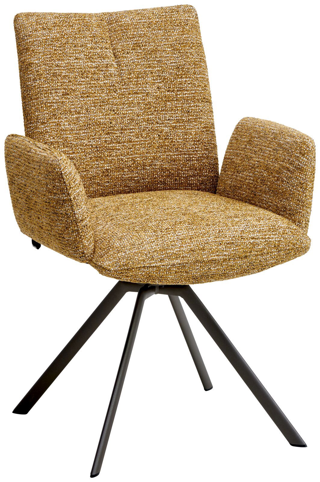 Moderner Armlehnstuhl mit senfgelbem Stoffbezug und schwarzem Metallgestell, seitliche Perspektive