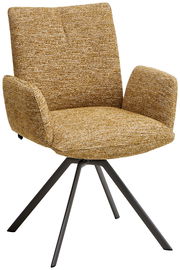 Moderner Armlehnstuhl mit senfgelbem Stoffbezug und schwarzem Metallgestell, seitliche Perspektive