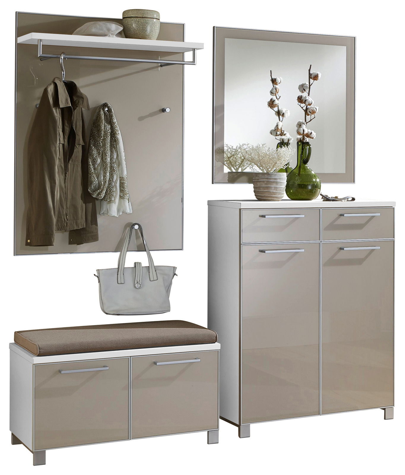VOSS Garderoben-Set 5-tlg. SANTINA Garderoben-Set 5-tlg. in moderner Perspektive mit Spiegel, Hakenleiste, Sitzbank und Schrank in neutralen Farben.