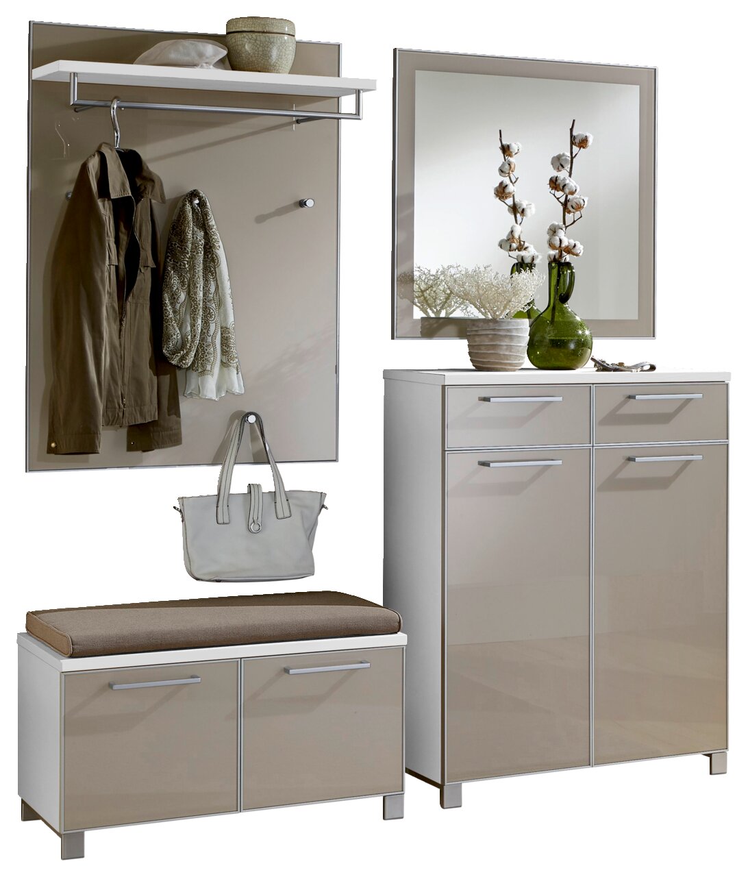 Garderoben-Set 5-tlg. in moderner Perspektive mit Spiegel, Hakenleiste, Sitzbank und Schrank in neutralen Farben.