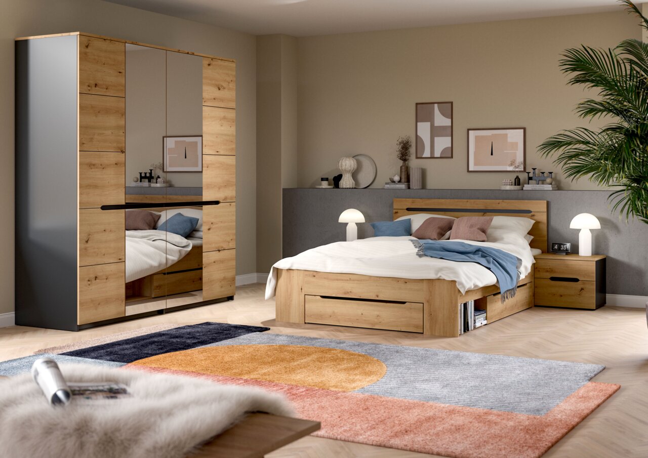 MID.YOU Schlafzimmer-Set CANU Modernes Schlafzimmer-Set in Holzoptik mit Bett inklusive Stauraum, Nachttisch und großem Kleiderschrank mit Spiegeltüren, aufgenommen in schräger Frontansicht aus leicht erhöhter Perspektive.