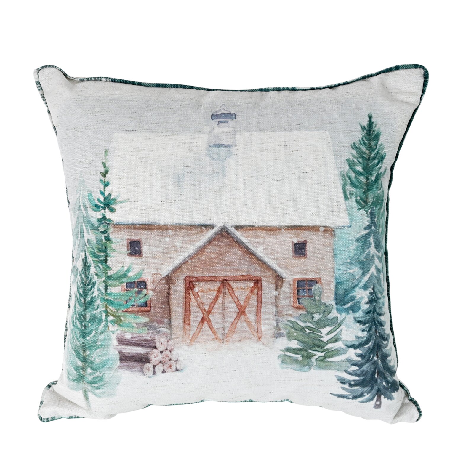 Zierkissen mit winterlichem Motiv eines verschneiten Hauses und Tannenbäumen, Frontalansicht